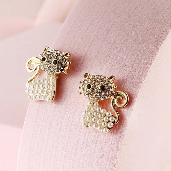 3/$35 Gold Cat Stud Earrings Pearl & Rhinestone Kitty Cute Animal Jewelry - Picture 5 of 6